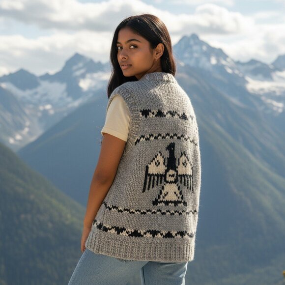 Handmade Cowichan Wool Sweater Vest With Eagle Pattern - Vintage - Womens Small - Picture 3 of 12